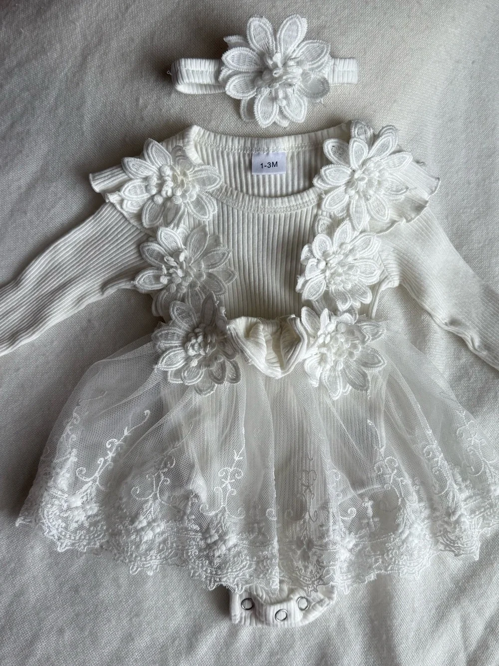 Baby White Floral Lace Tutu Bodysuit with Headband